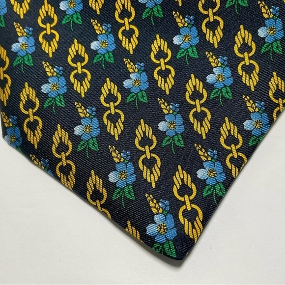 Vintage Silk Tie Hawaiian Flower Print Navy Blue Yellow Harvey Ashton - Picture 3 of 9